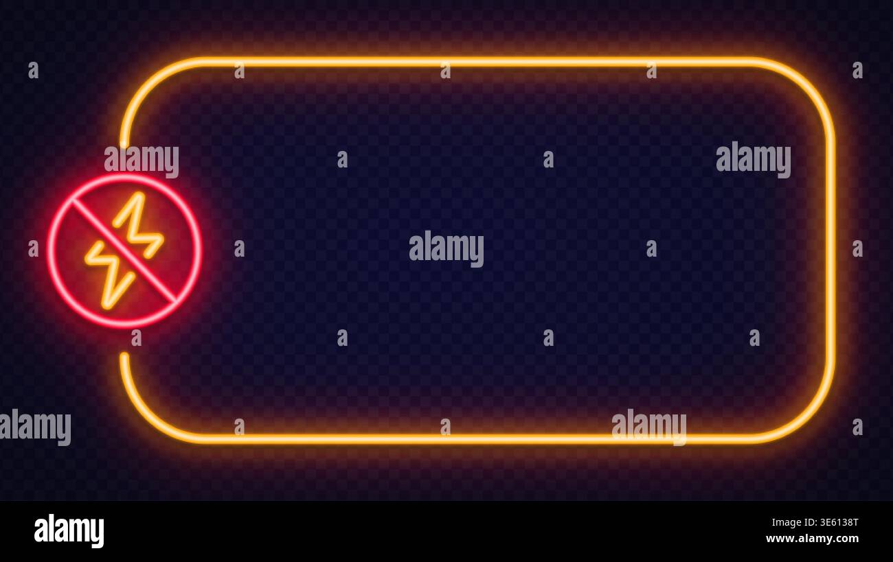 Panneau d'interdiction au néon avec symbole d'éclair à l'intérieur d'un cadre lumineux. Icône d'avertissement lumineuse sur fond transparent foncé avec un large espace de copie. Idéal pour Illustration de Vecteur