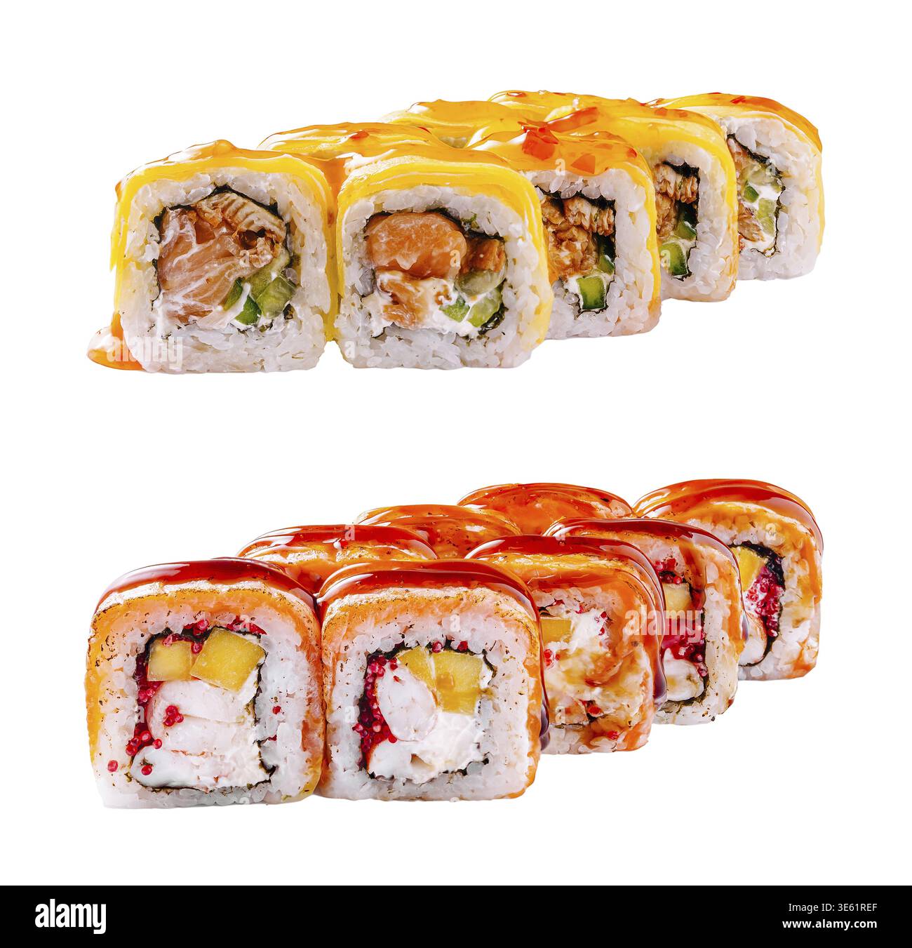 Nourriture, les rouleaux de sushi avec des garnitures colorées sont agencés avec art sur une assiette blanche, mettant en valeur une variété de textures et de saveurs Banque D'Images