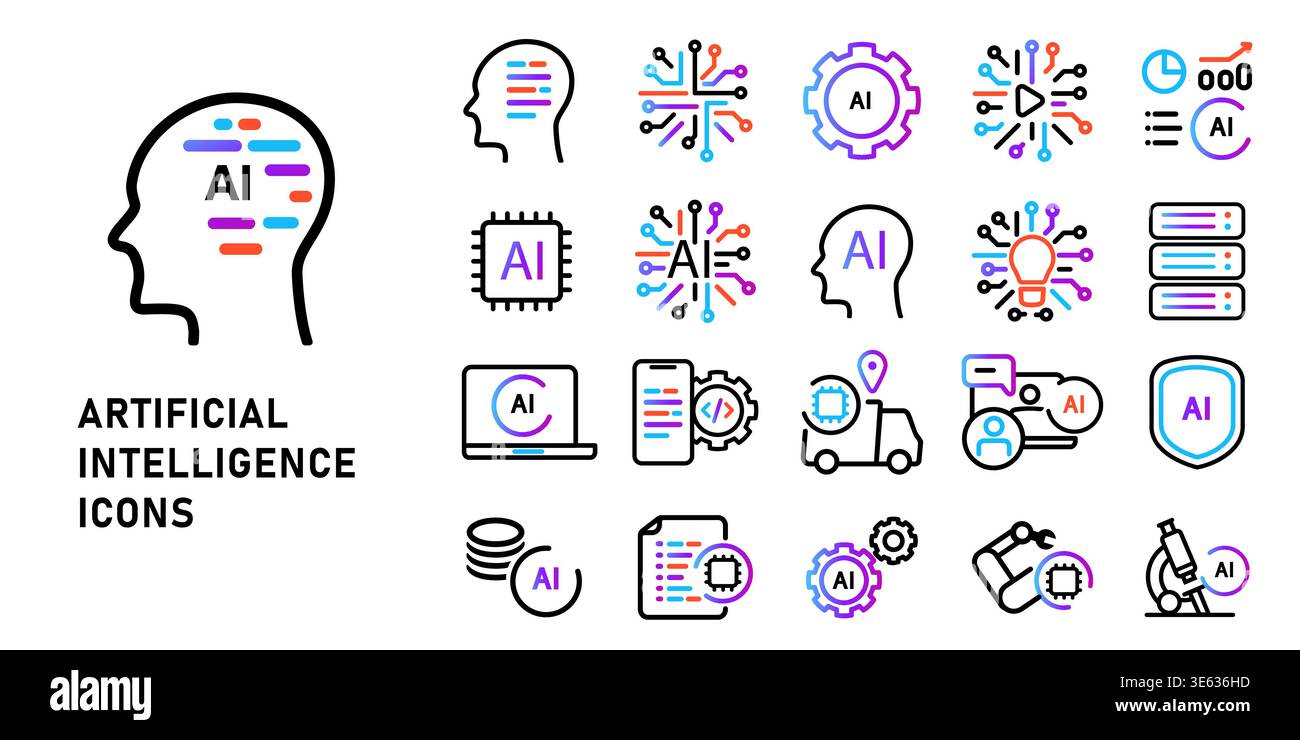 Jeu d'icônes d'intelligence artificielle pour l'apprentissage automatique et la technologie numérique avec des réseaux neuronaux et des symboles cérébraux avec automatisation robotique Illustration de Vecteur