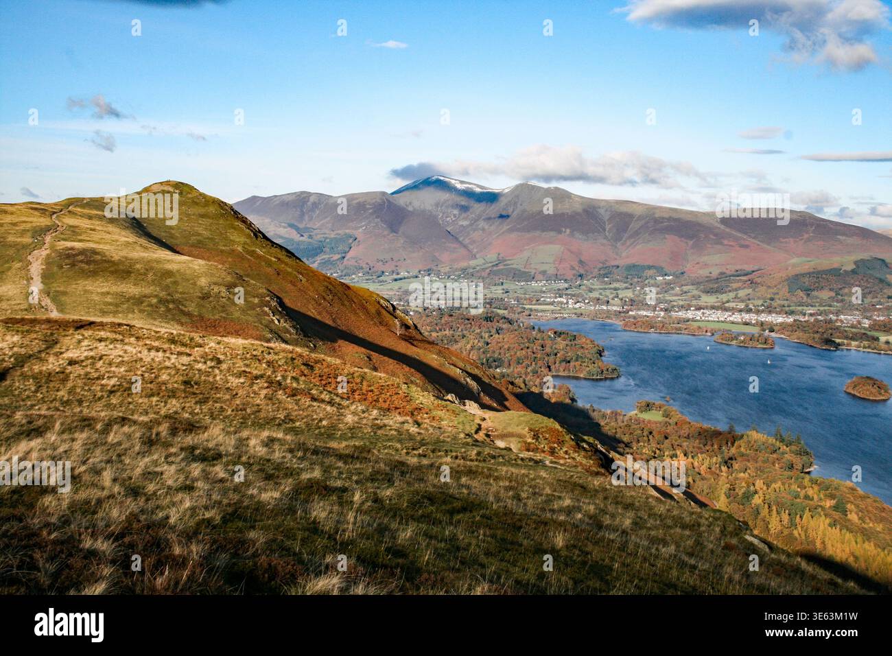 Vue panoramique depuis Cat Bells surplombant Keswick et Derwentwater. Banque D'Images