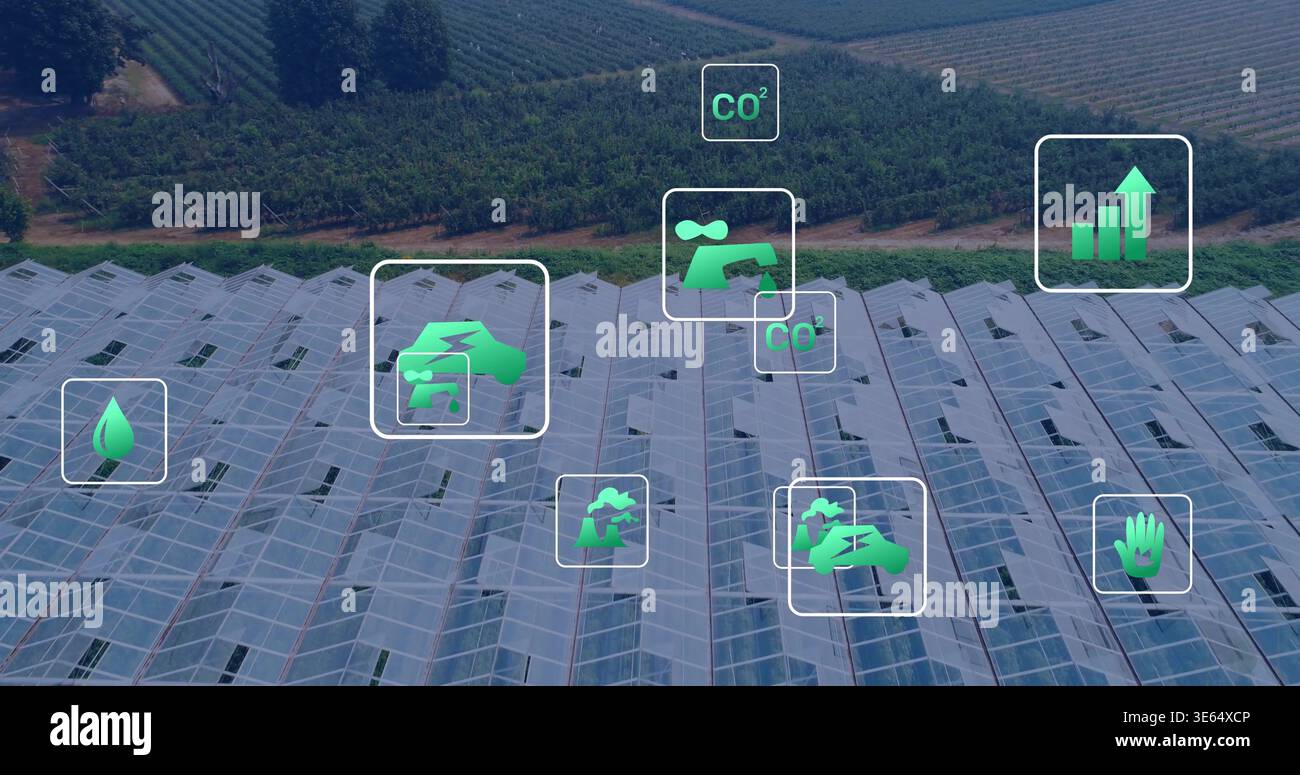 Montrant les toits de serre couvrant le centre au-dessus des terres agricoles, avec des rangées de cultures, chemin de terre, icônes écologiques Banque D'Images