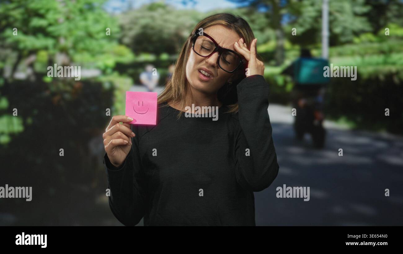 Femme tenant une note collante rose avec un sourire dessiné tandis que la main à la tempe pour mal de tête dans une rue ; frustration cachée. Banque D'Images