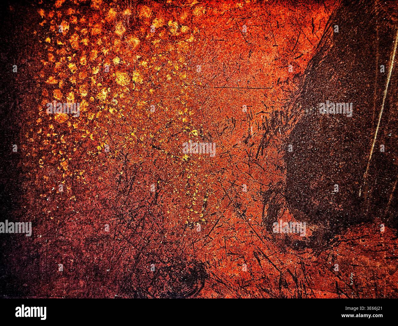 Fond grunge abstrait avec texture métallique altérée dans les tons de rouge orange et noir Banque D'Images