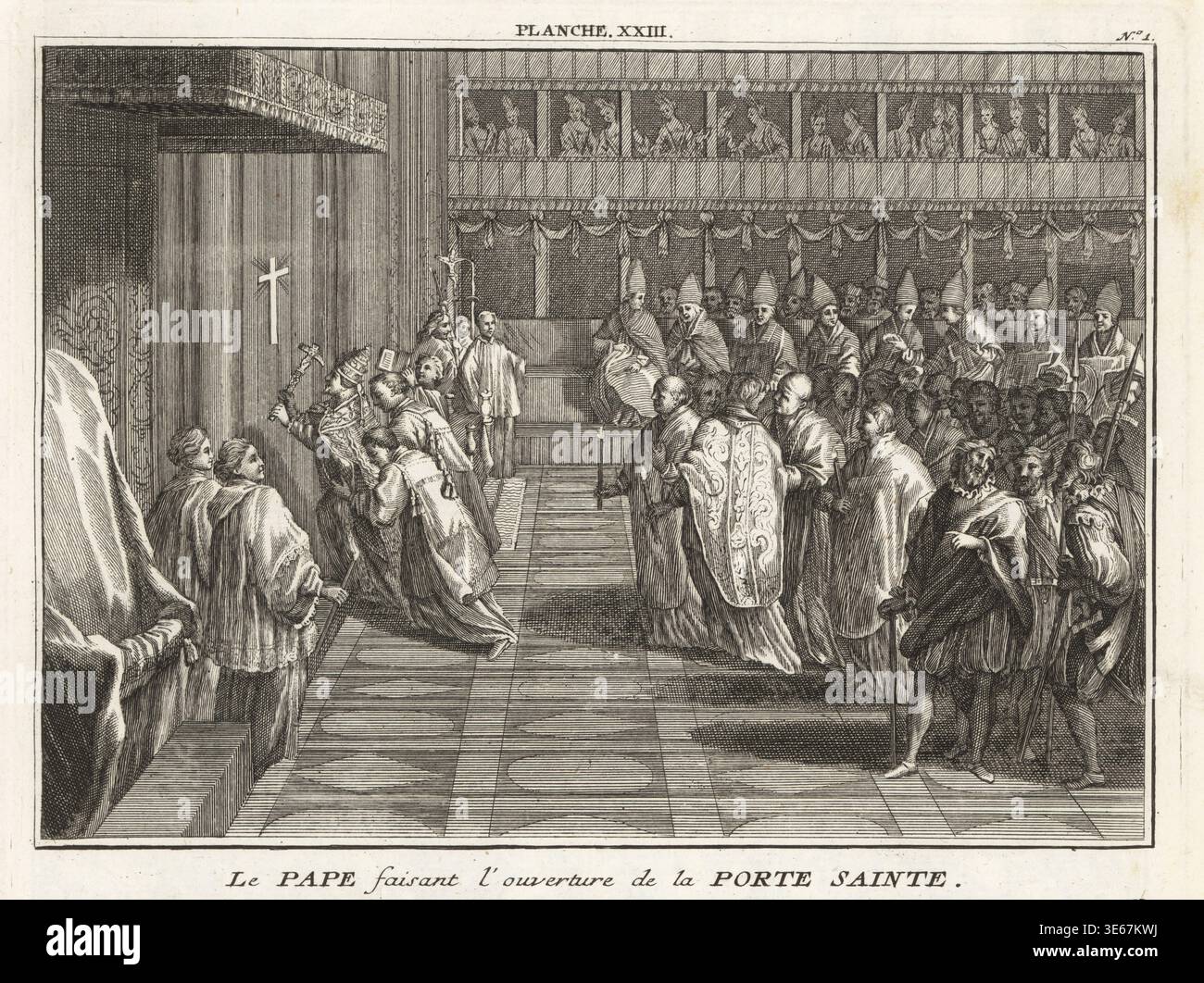 Le pape utilise un marteau doré pour démolir le mur qui recouvre la porte Sainte de la basilique Saint-Pierre, à Rome. L'entrée est murée et recouverte d'une croix. Les cardinaux et les évêques assistent à la cérémonie, tandis que les nobles regardent depuis des boîtes sur le balcon. Le pape faisant l'ouverture de la porte Sainte. Gravure sur cuivre de David Herrliberguer d'après une illustration de Bernard Picard tirée des cérémonies religieuses de tous les peuples du monde, cérémonies religieuses de tous les peuples du monde, chez David Herrliberguer, Zurich, 1750. Banque D'Images