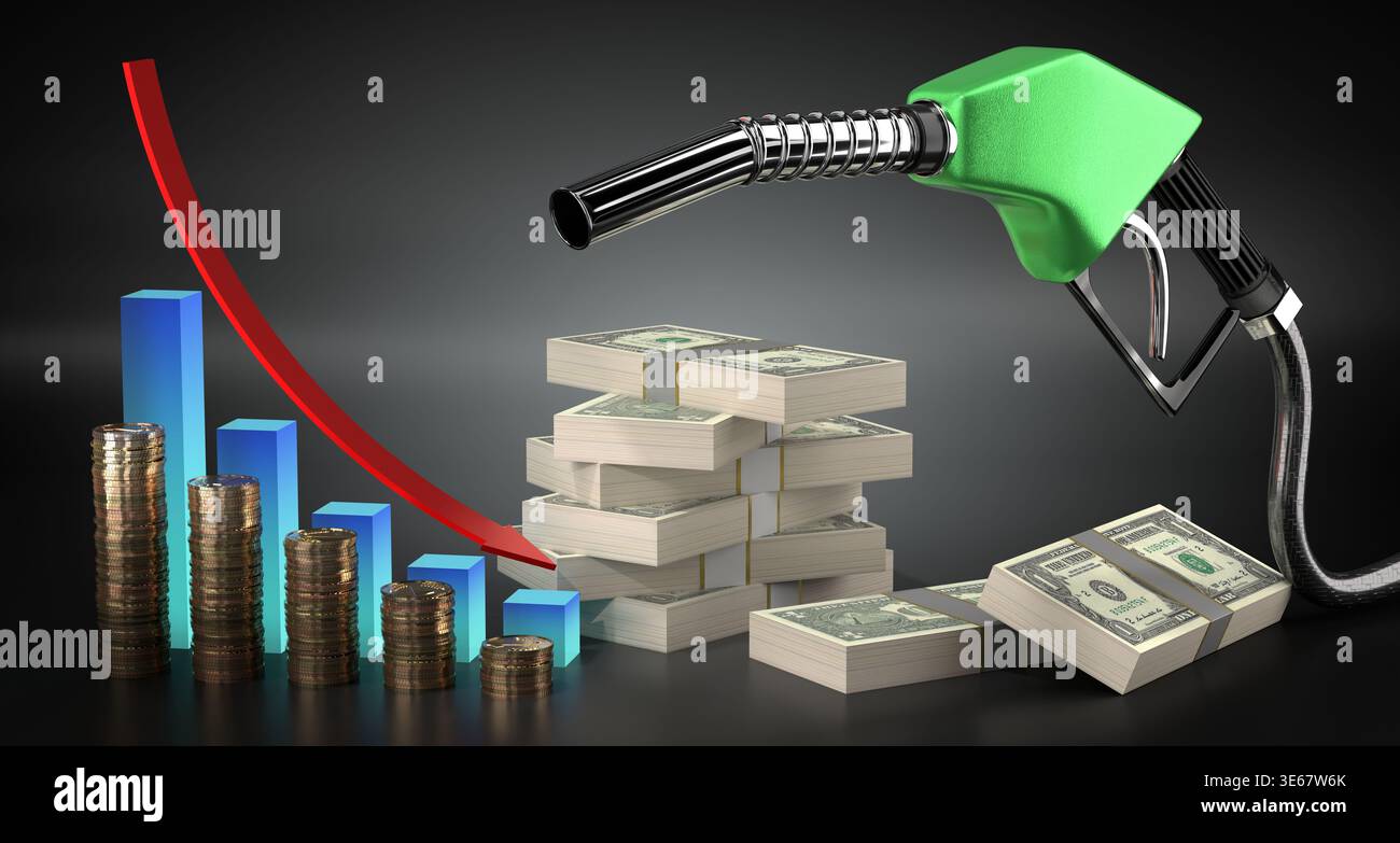 Baisse des prix du carburant, billets de banque en dollars et pistolet à carburant - illustration 3D. Banque D'Images
