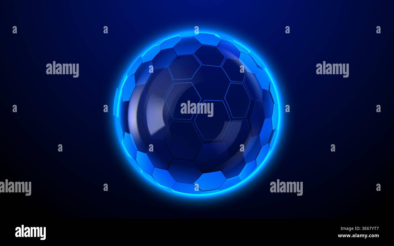 Sphère bleue futuriste brillante avec un motif hexagonal. Concept abstrait de bouclier d'énergie sur un fond sombre. Illustration vectorielle Illustration de Vecteur