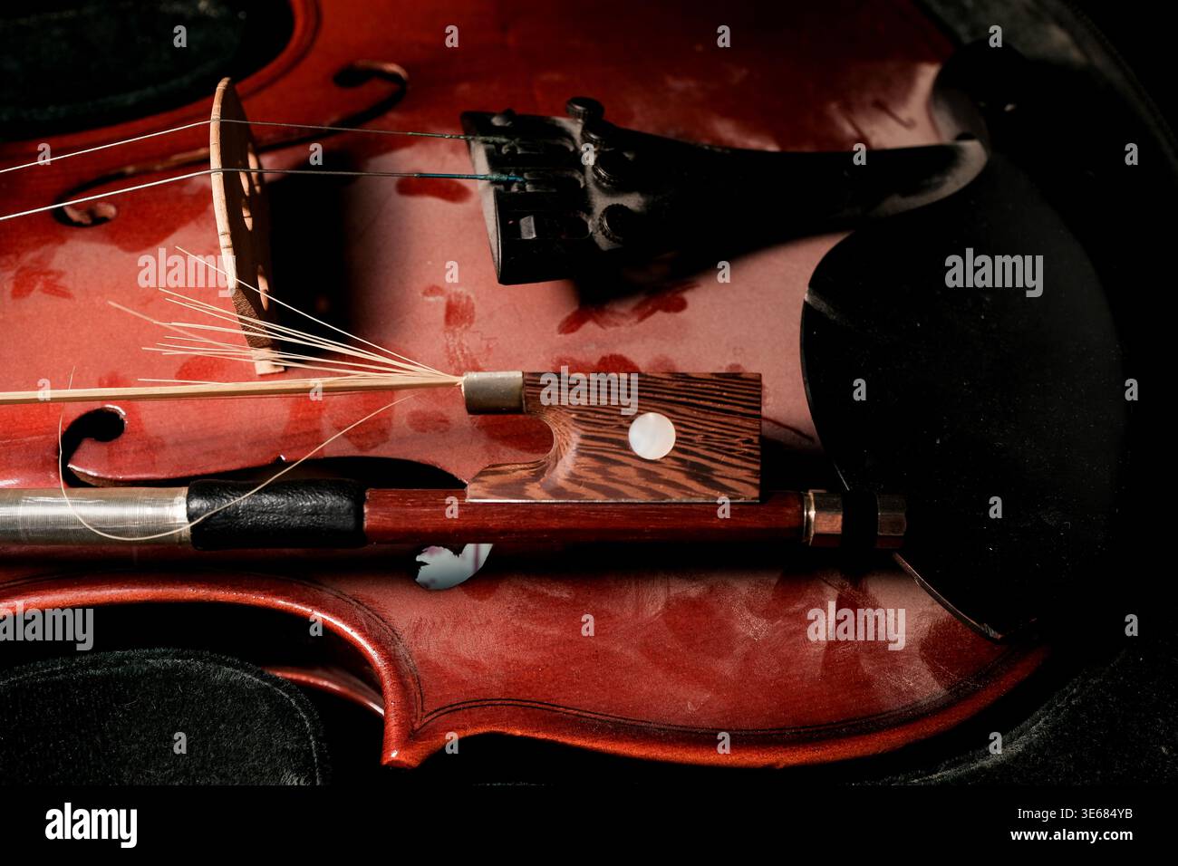 Gros plan d'un violon et d'un arc reposant dans un étui, grain de bois rouge chaud, fibres de crin de cheval visibles, musique sombre et sombre Banque D'Images