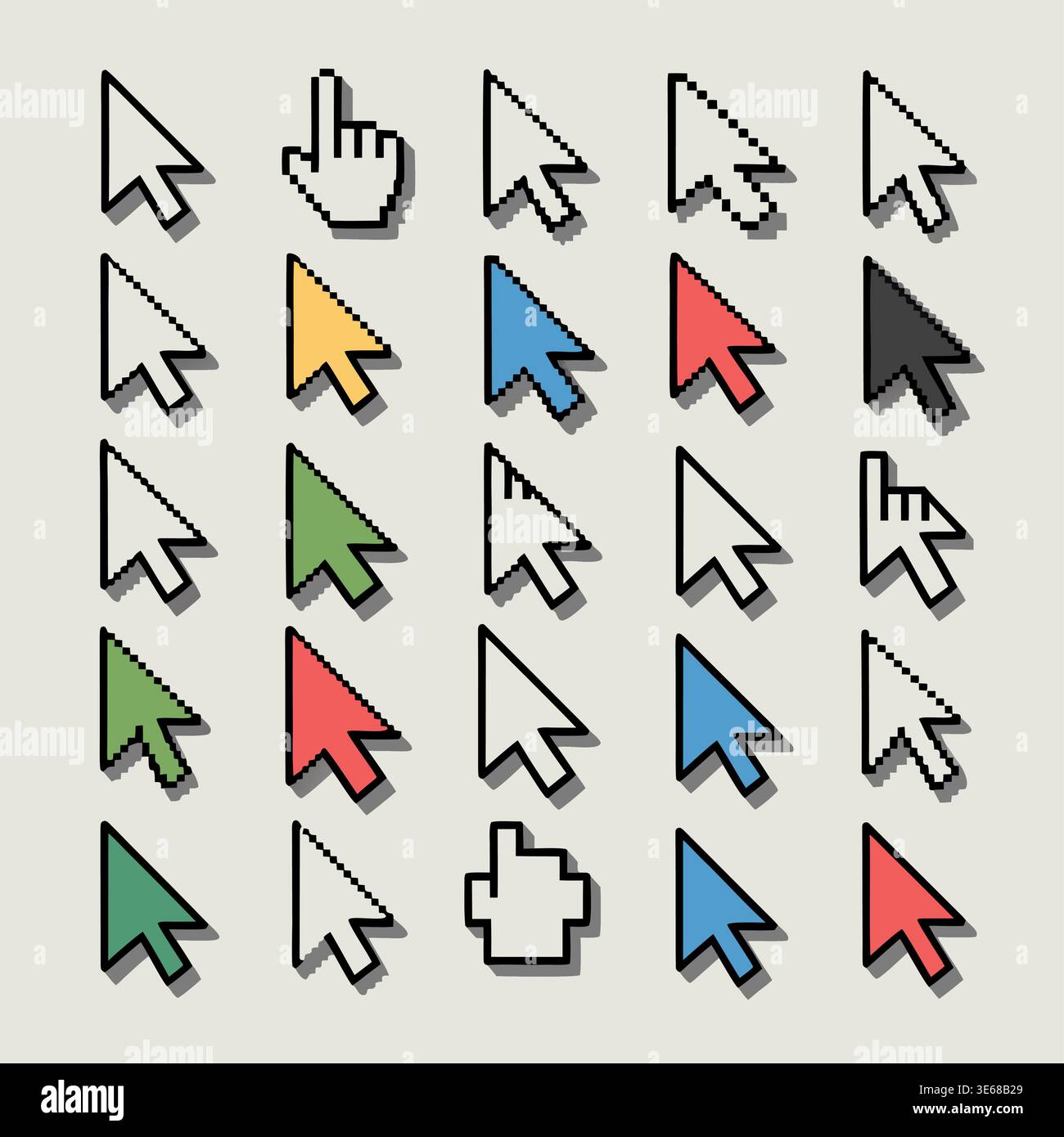 Une collection de divers curseurs pixelisés d'ordinateur dans différents styles et couleurs, y compris des formes de flèche, de main et de croix sur un fond clair. Illustration de Vecteur