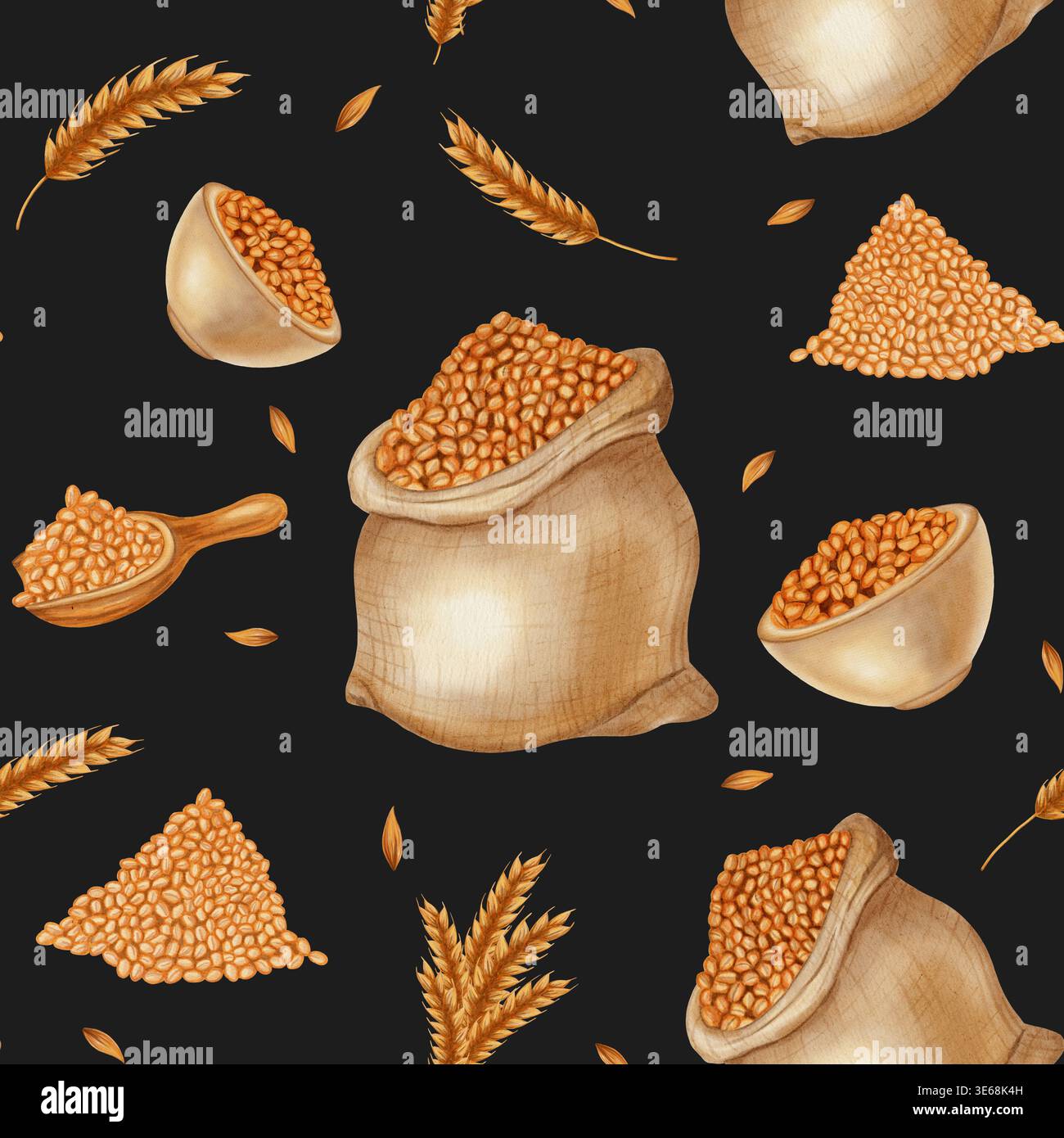Aquarelle modèle sans couture avec blé et grains. Sacs et bols de céréales, épis de blé. Parfait pour les boulangeries, les emballages et les marques agricoles. Dessiner à la main Banque D'Images