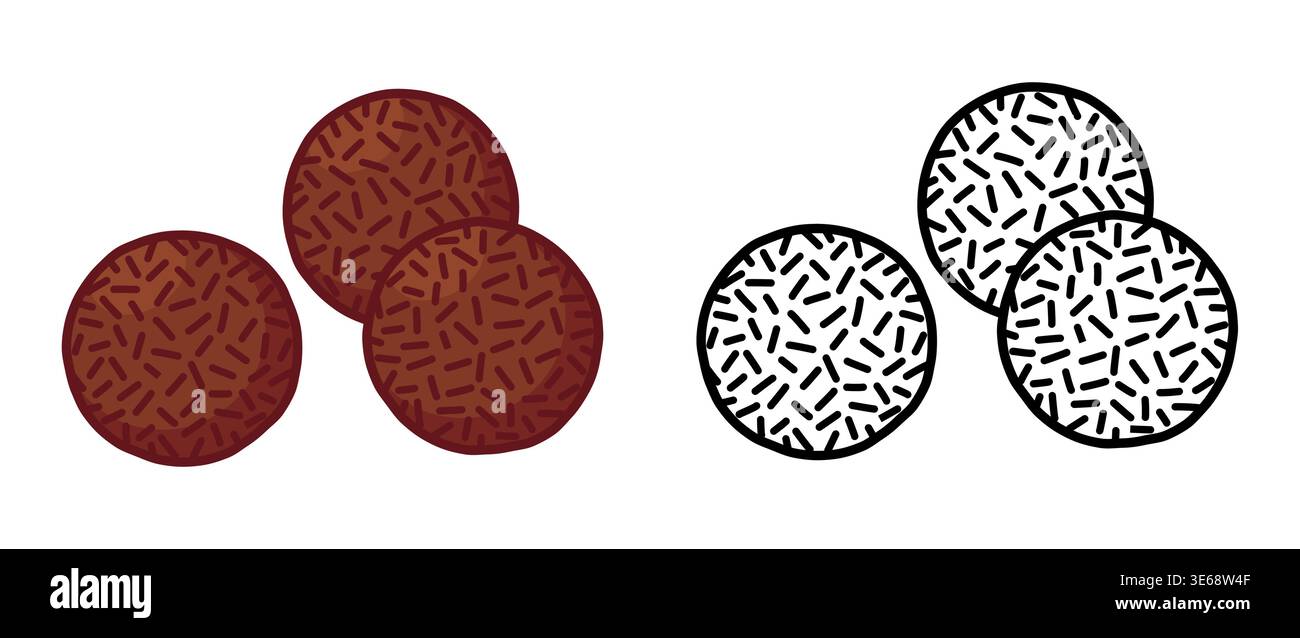 Brigadeiro, bonbons au chocolat brésilien traditionnel avec des saupoudrées de sucre. Dessin couleur et ligne noir et blanc Illustration clipart vectorielle simple Illustration de Vecteur