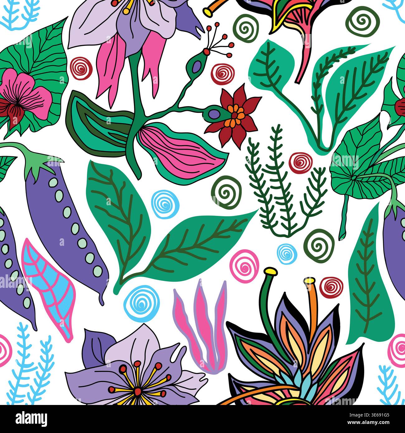 plantes de pois, fleurs violettes, fleurs d'art abstraites colorées, formes en spirale, feuilles sans couture Illustration de Vecteur