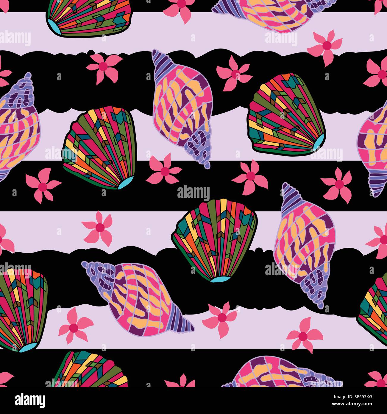symphonie colorée de coquillages avec des fleurs roses et des rayures noires motif sans couture. Conque et coquille de coques avec fleurs roses et rayures déformées. Illustration de Vecteur