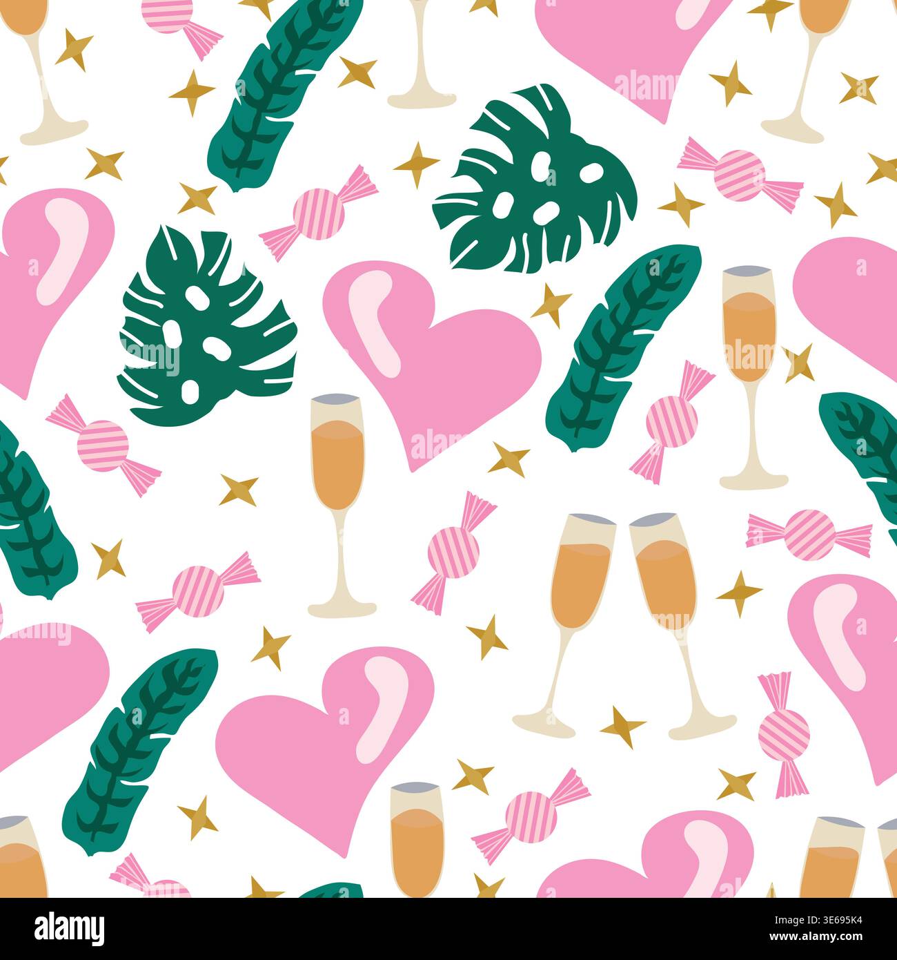 Motif Saint-Valentin sans couture avec des feuilles de banane et de Monstera, des verres à champagne, des étoiles dorées, des coeurs et des bonbons. Illustration de Vecteur