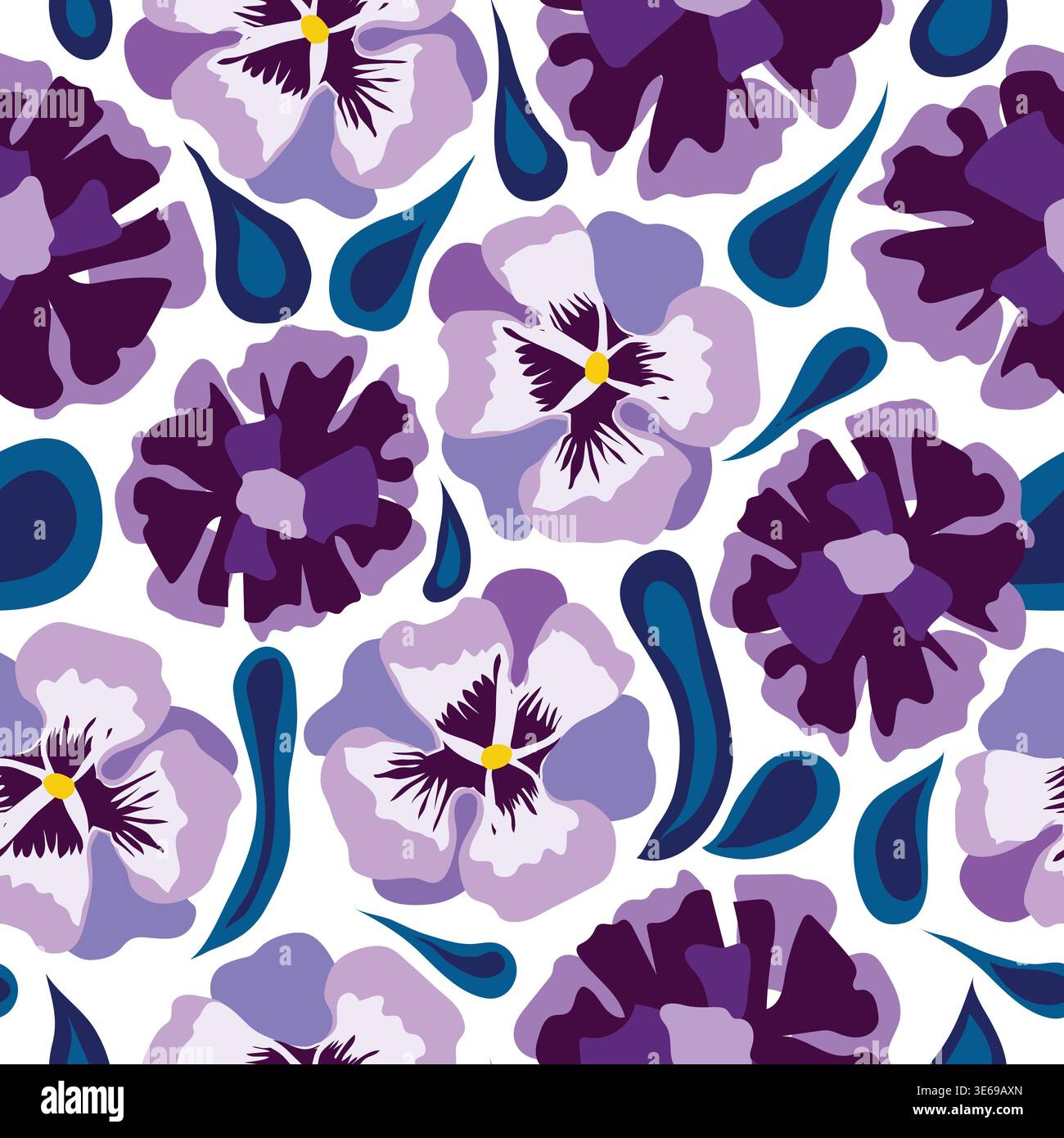 teintes violettes et nuances de fleurs de gloire du matin avec motif sans couture de feuilles texturées bleues. Fleurs de gloire du matin violet avec des feuilles répéter le motif Illustration de Vecteur