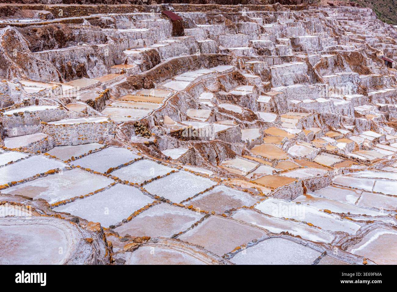Vue détaillée des étangs d'évaporation de sel en terrasses de Maras, un site historique Inca dans la Vallée sacrée de la région de Cusco, Pérou. Banque D'Images