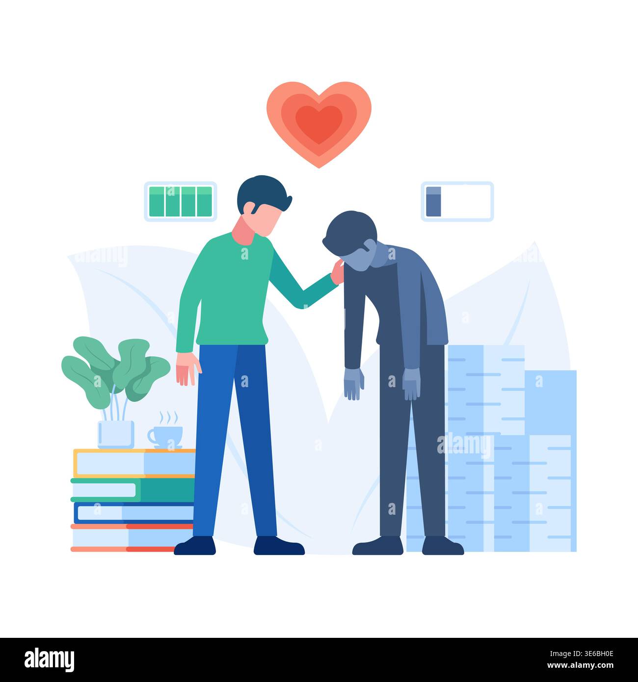 Personne réconfortant un collègue épuisé au travail. Concept de prévention de l'épuisement professionnel et de soutien émotionnel Illustration de Vecteur