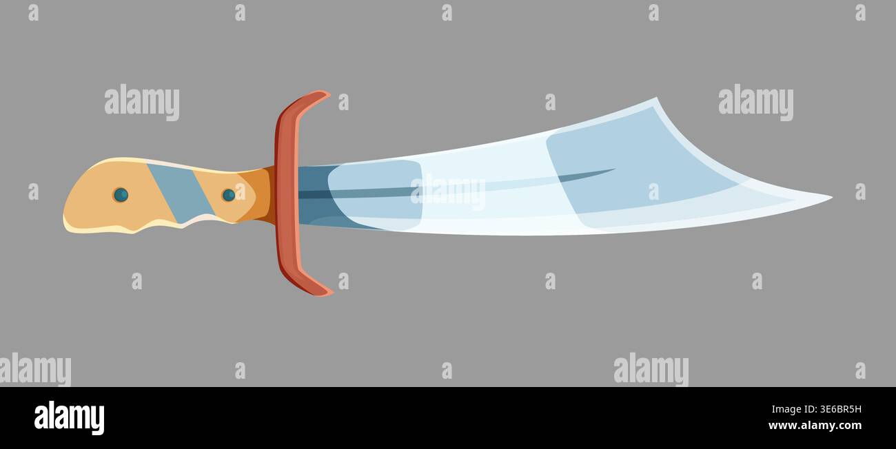 Épée pirate de dessin animé avec une large lame argentée. Cutlass de corsaire vecteur isolé pour les jeux de fantaisie navale, bras en acier froids, poignard antique pointu, scimitar, sabre nautique médiéval avec lame incurvée Illustration de Vecteur