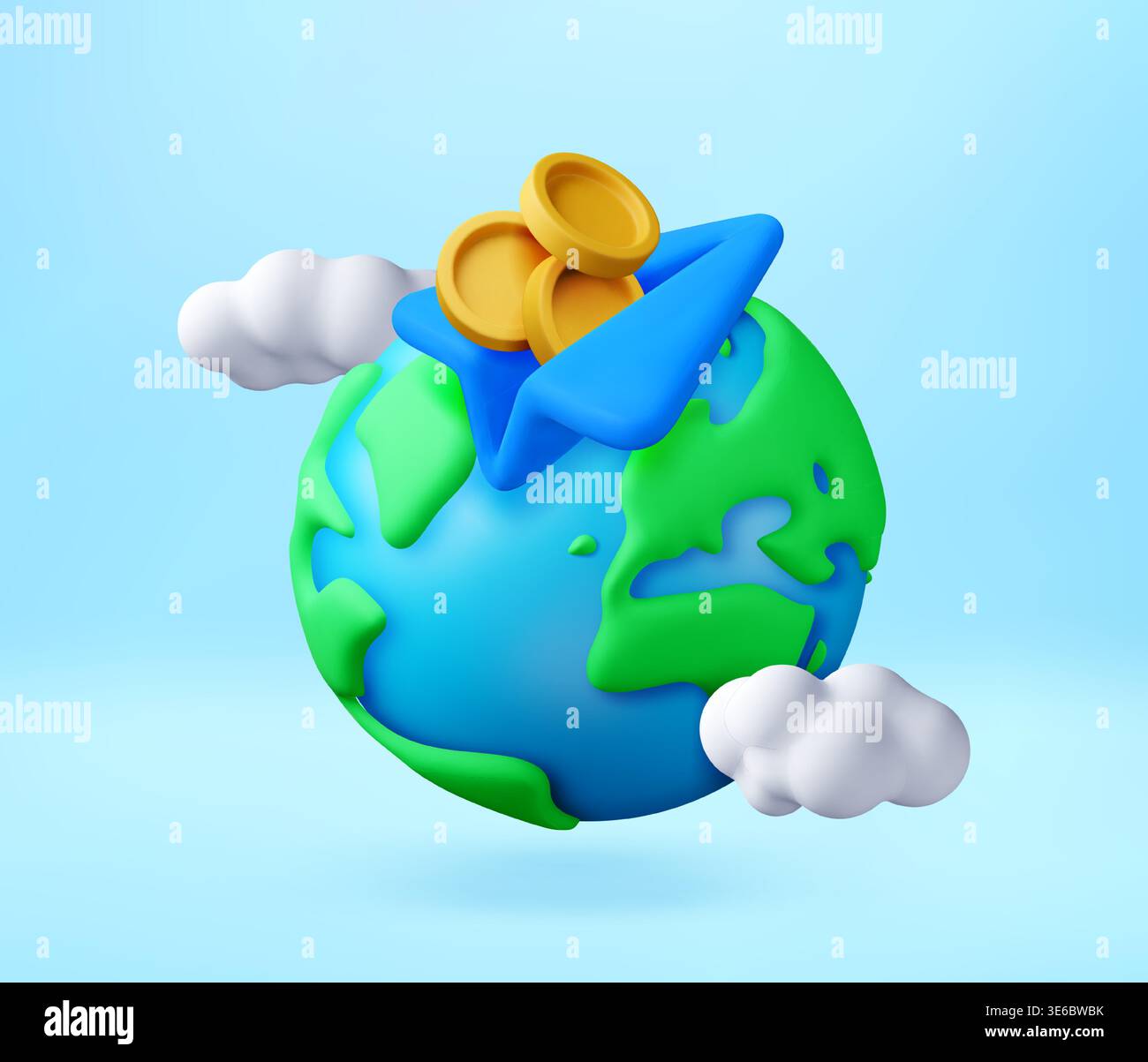 Globe terrestre 3D avec avion en papier avec pièces d'or Illustration de Vecteur
