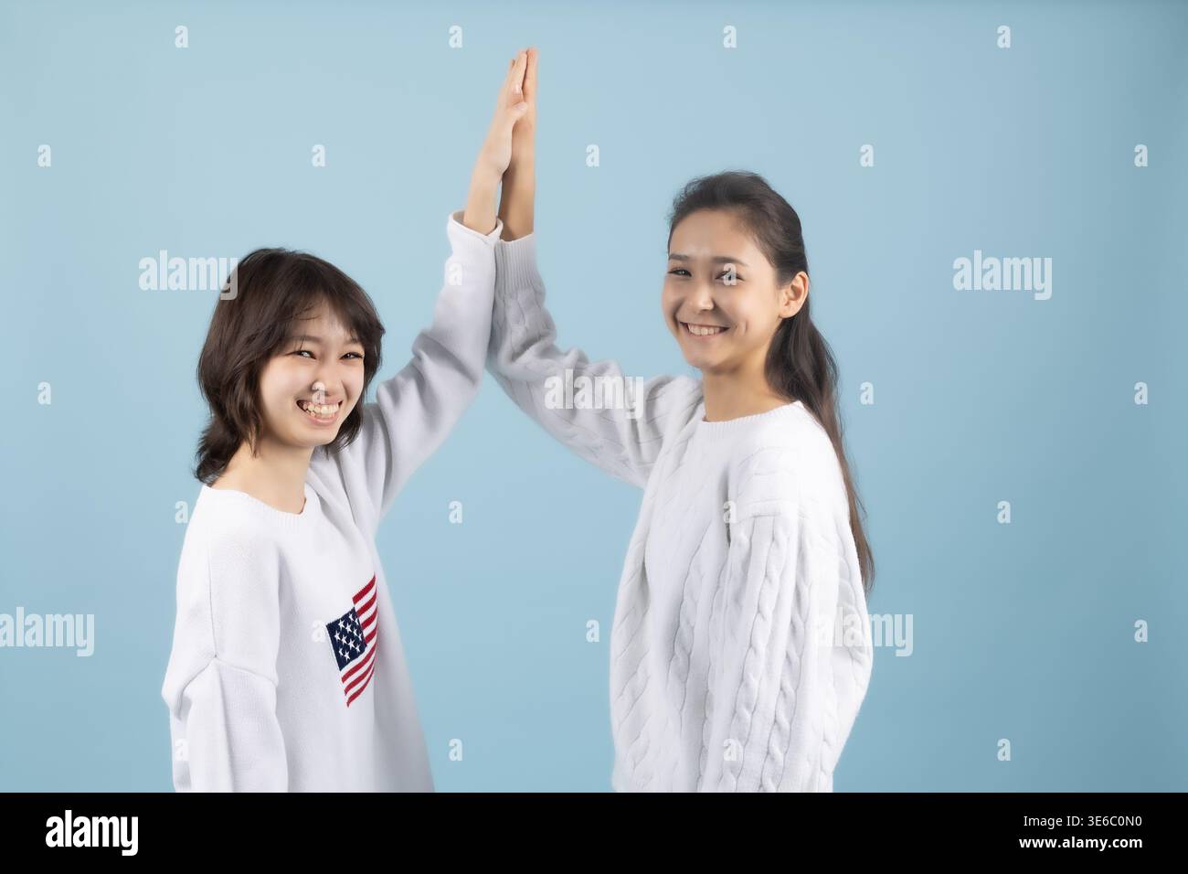 Deux filles heureuses donnant haut cinq et célébrant le succès Banque D'Images