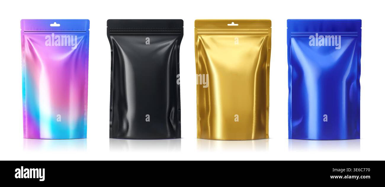 Sacs en aluminium de sachet alimentaire en noir, or, bleu Illustration de Vecteur