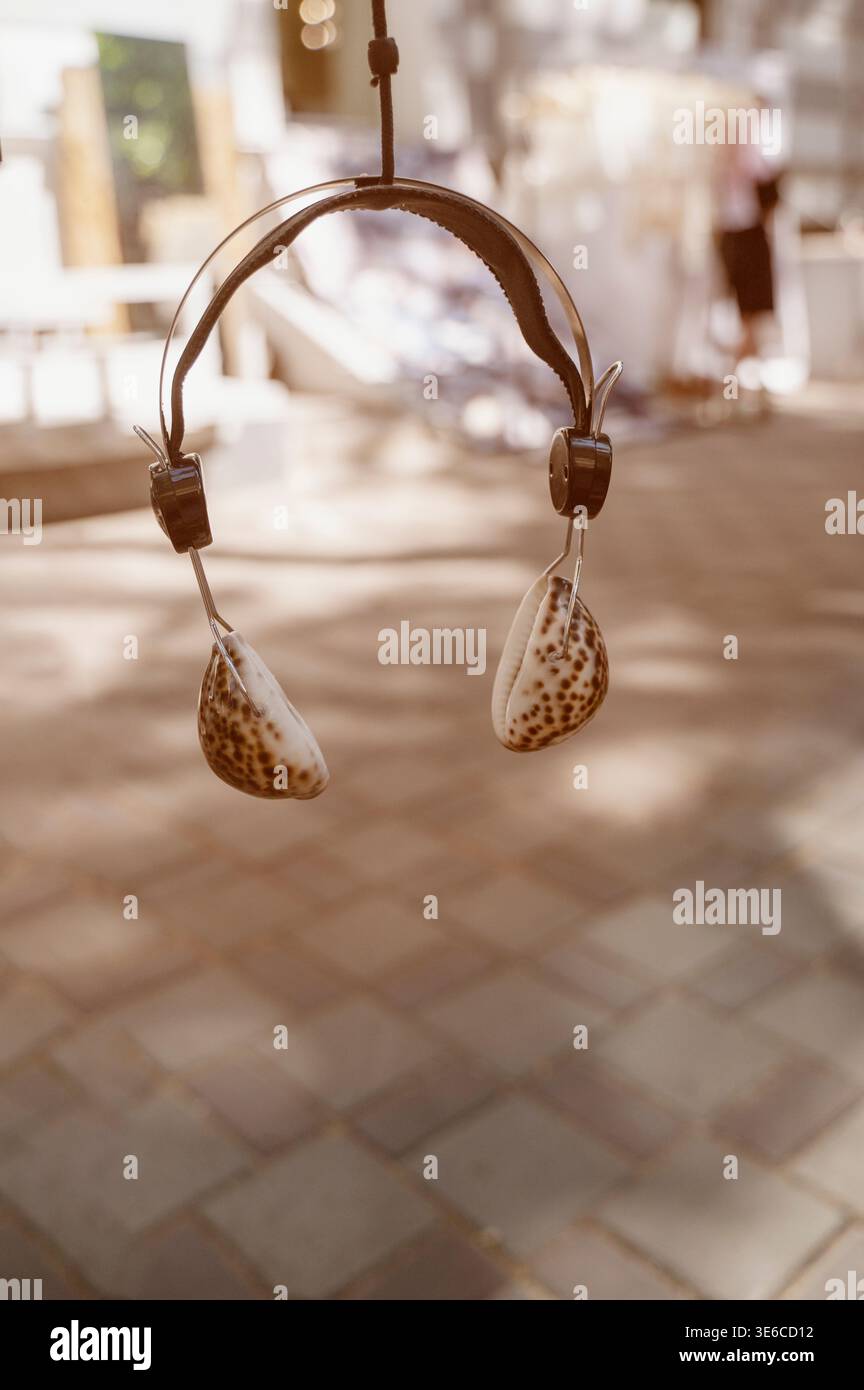 Accessoire coquillage sur un trottoir sous la lumière du jour. Concept d'art écologique et vacances d'été. Symbole de beauté naturelle et de style nautique Banque D'Images