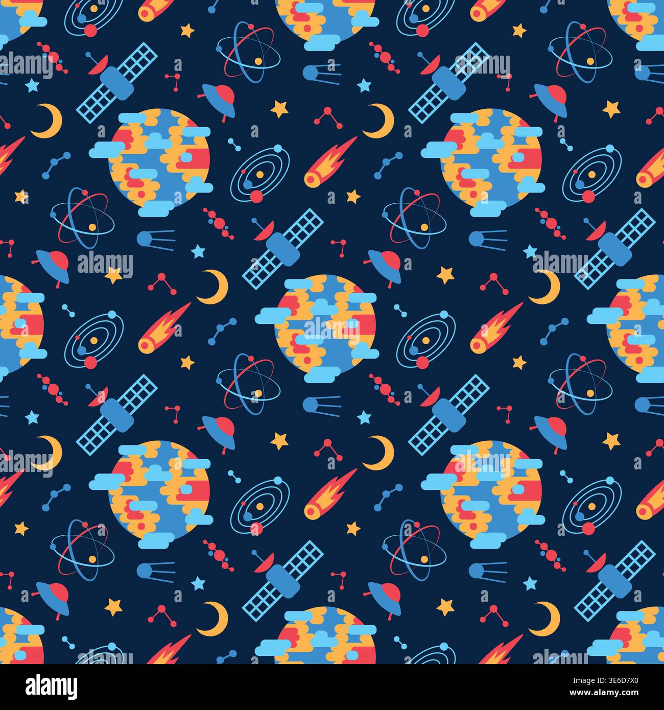 Space Planet UFO satellite Flat Seamless Pattern. Déplacement interplanétaire Rouge Bleu jaune illustration Illustration de Vecteur