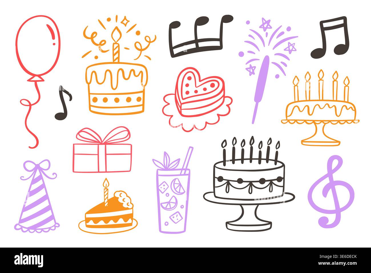 Ensemble d'icône doodle d'anniversaire avec gâteau, ballon, cadeaux Illustration de Vecteur