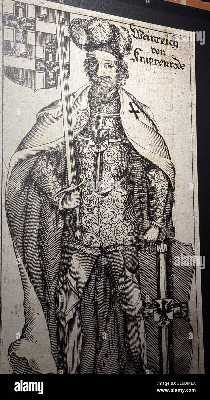 Portrait de gravure historique du chevalier médiéval Heinrich von Kniprode exposé au musée du château de Malbork en Pologne. Histoire, personne et patrimoine conc Banque D'Images