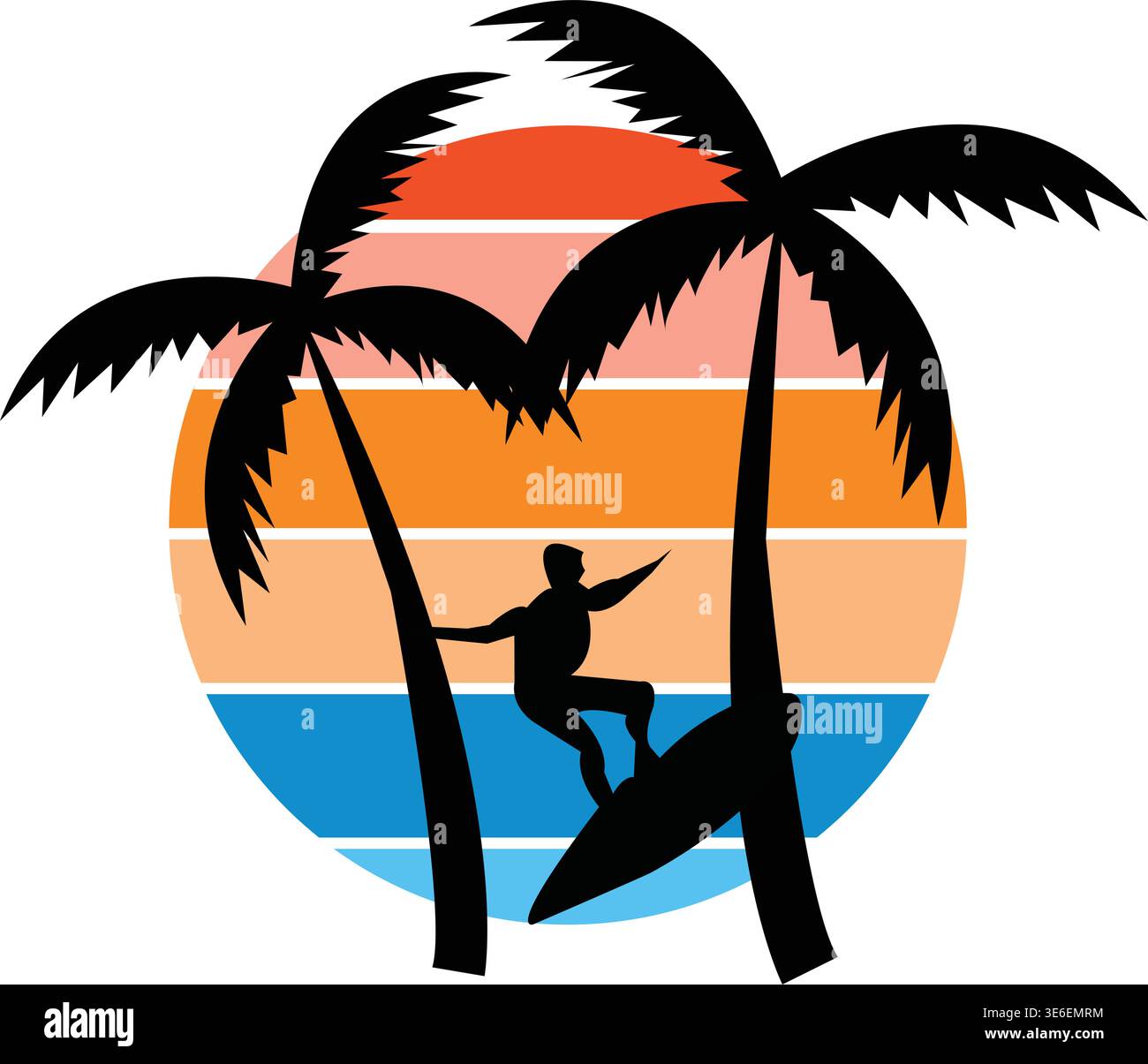 Vecteur de coucher de soleil de surf tropical – palmiers, vagues océaniques et illustration de plage d'été de surfeur Silhouette Illustration de Vecteur