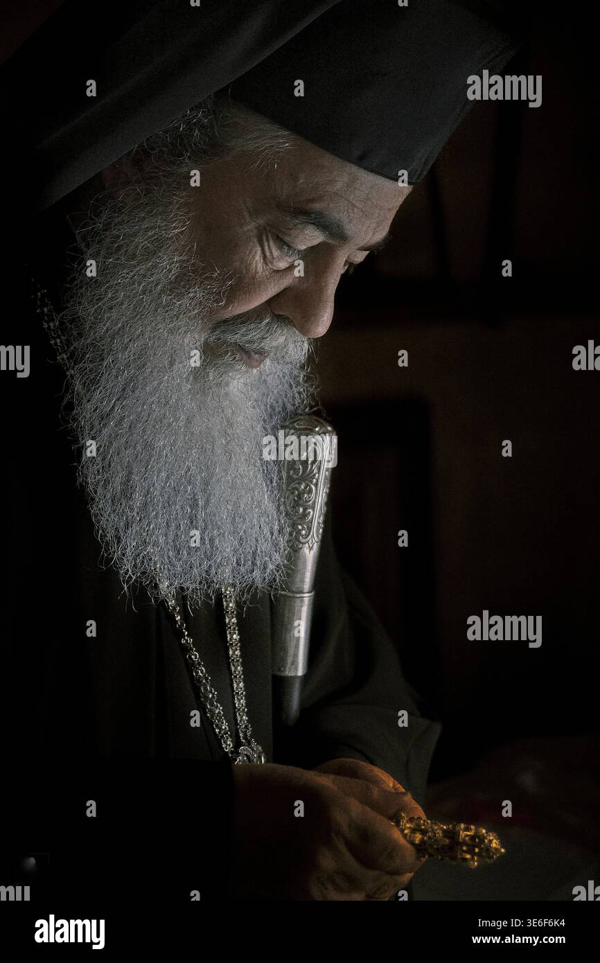Portrait de Théophile III, chef spirituel de l'Église orthodoxe grecque à Jérusalem Banque D'Images