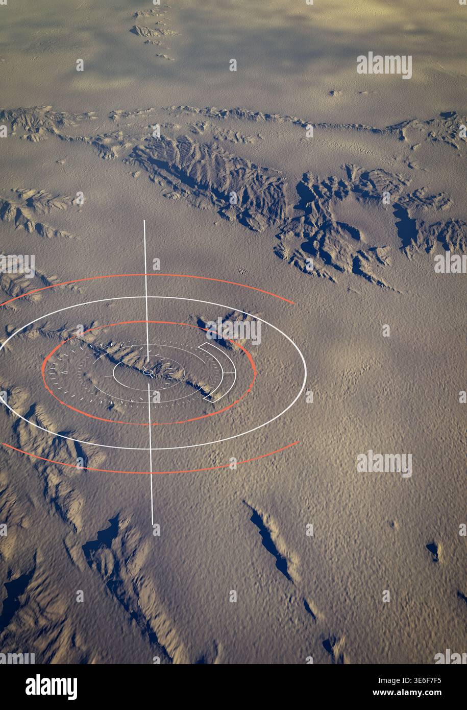 Vue satellite de l'emplacement de la récupération de l'aviateur américain près de la ville d'Ispahan en Iran, chaînes de montagnes. Carte satellite, rendu 3D. Banque D'Images