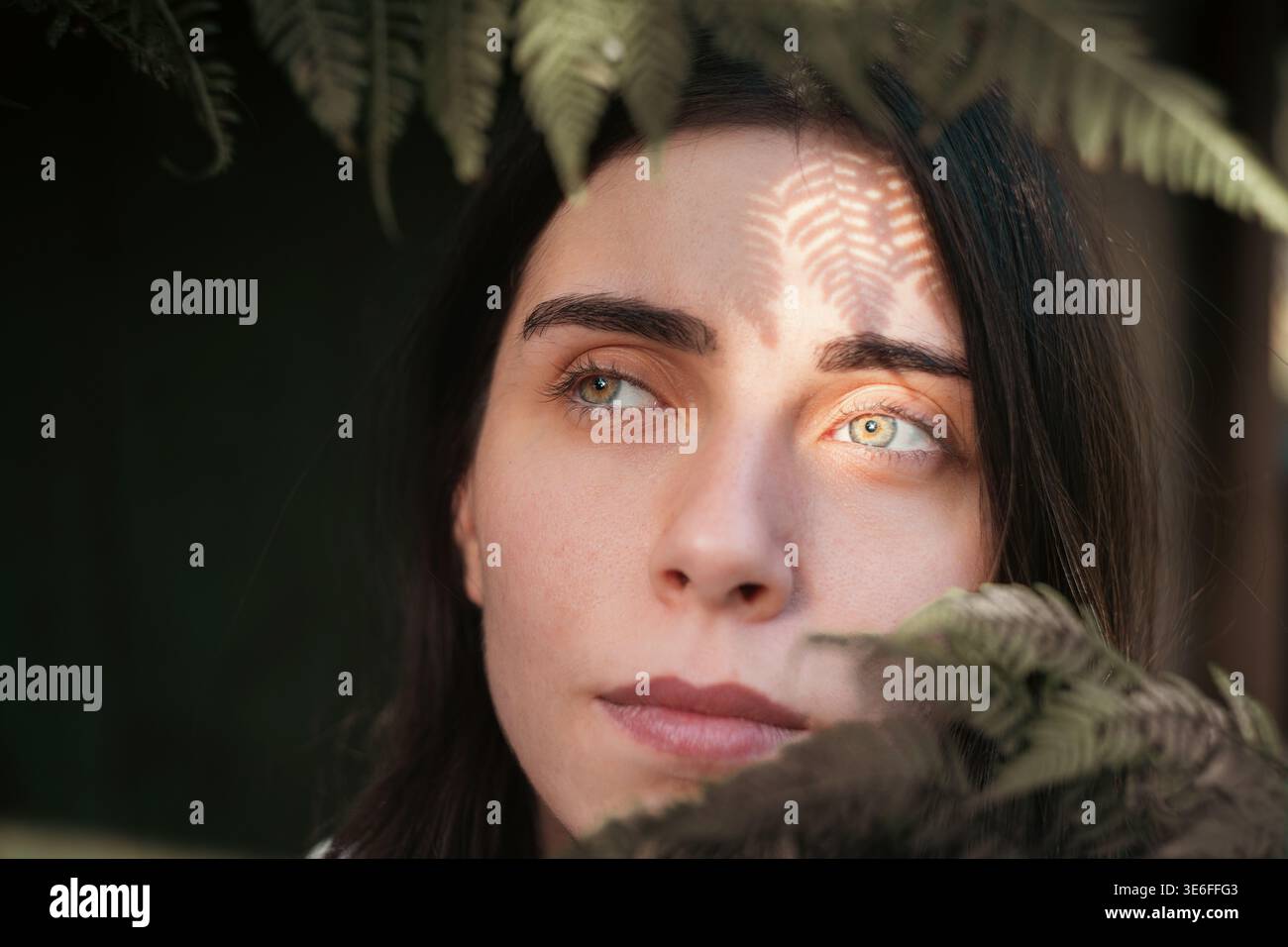 Portrait en lumière naturelle d'une jeune femme entourée de feuilles de fougères avec ombre de lumière du soleil à motifs sur son front. Image féminine douce avec expres calmes Banque D'Images