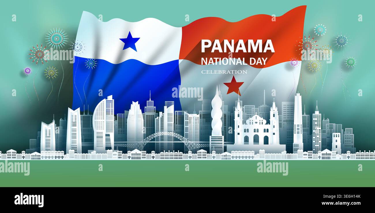 Célébration anniversaire indépendance Panama jour et voyage monuments Panama ville avec fond de drapeau, point de repère Tour america avec vue panoramique popula Illustration de Vecteur