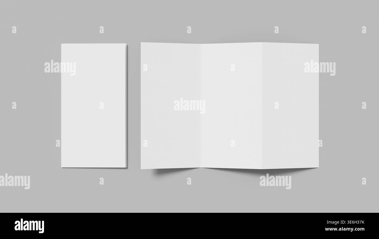 Maquette de brochure à trois plis propre avec une composition minimale sur fond gris idéale pour la mise en page imprimée de la présentation de la marque et l'utilisation marketing. Illustration 3D. Banque D'Images