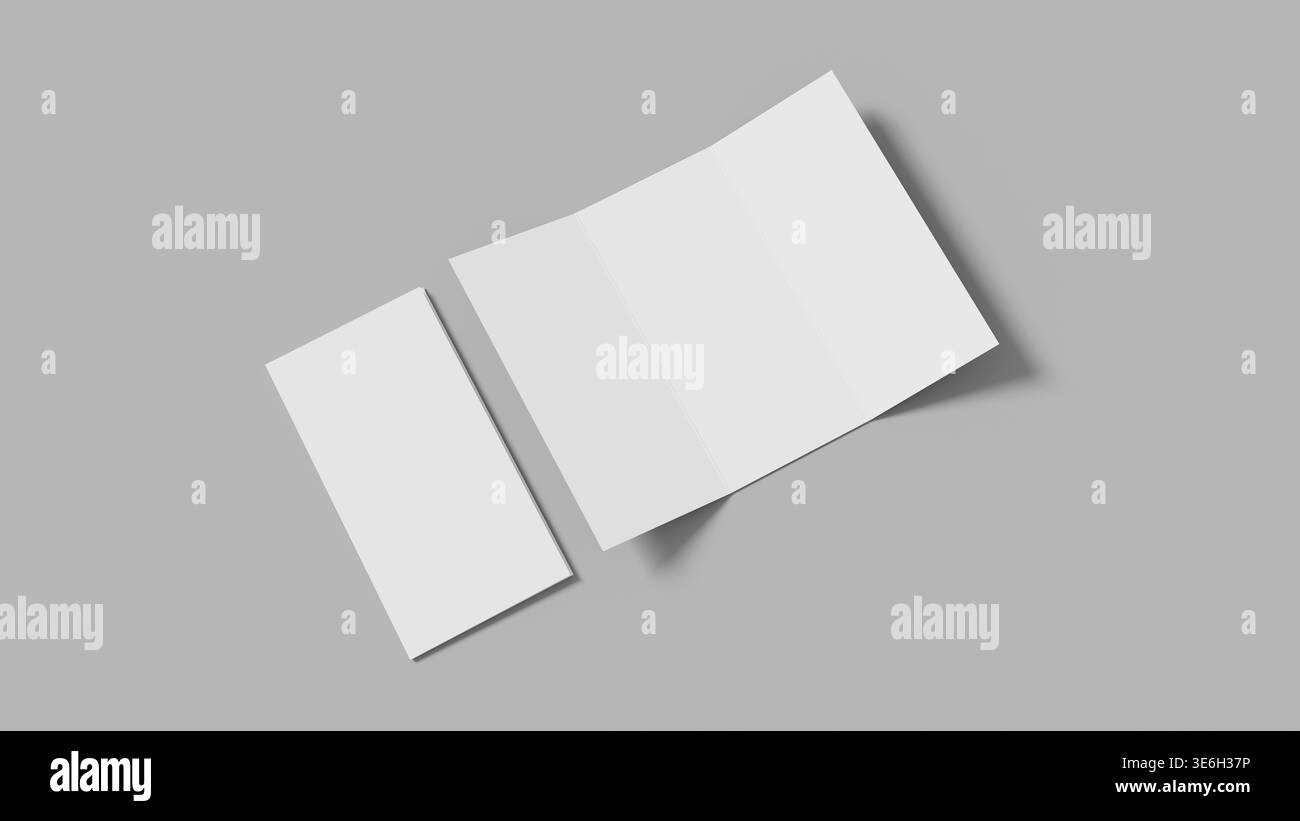 Maquette de brochure professionnelle pliée en trois avec mise en page minimale sur fond gris neutre adaptée à la présentation de marque et à l'utilisation de la conception d'impression. 3D ill Banque D'Images