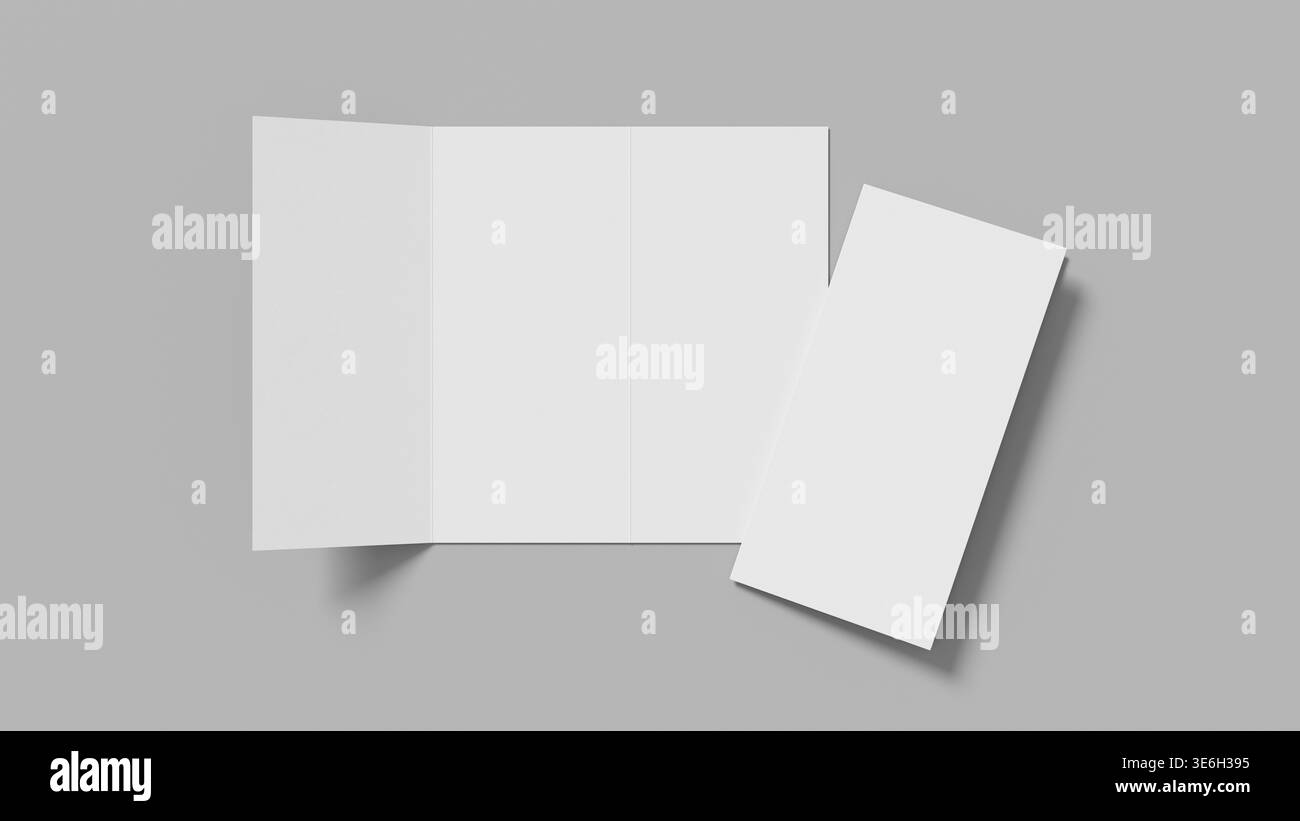 Simple maquette de brochure à trois plis sur fond gris neutre avec une composition propre idéale pour la présentation de la marque de conception imprimée et les visuels marketing. Banque D'Images