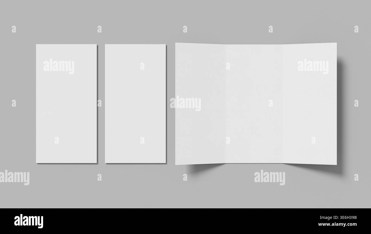 Maquette de brochure éditoriale à trois plis avec mise en page minimale sur fond gris neutre adaptée à la conception d'impression de présentation de marque et au visuel marketing Banque D'Images