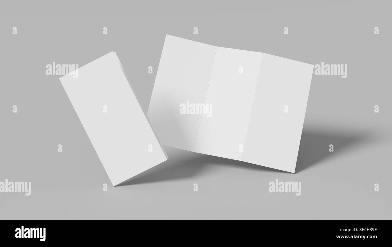 Maquette de brochure à trois plis minimale avec mise en page propre sur fond gris neutre idéale pour les projets d'impression de présentation de marque et les visuels marketing. 3D. Banque D'Images