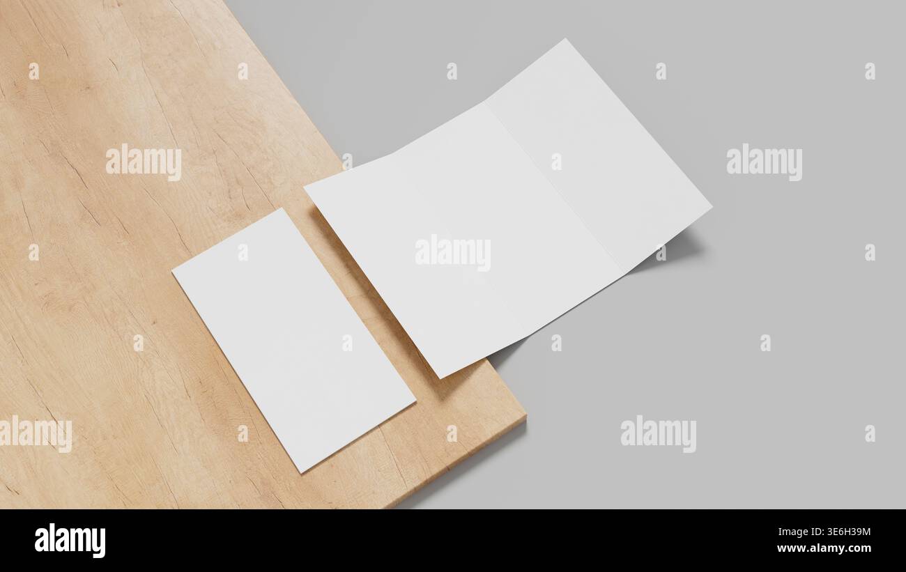 Maquette de brochure à trois plis propre sur la surface en bois avec une composition minimale idéale pour la mise en page d'impression de présentation de marque et les visuels marketing. Illustr. 3D. Banque D'Images