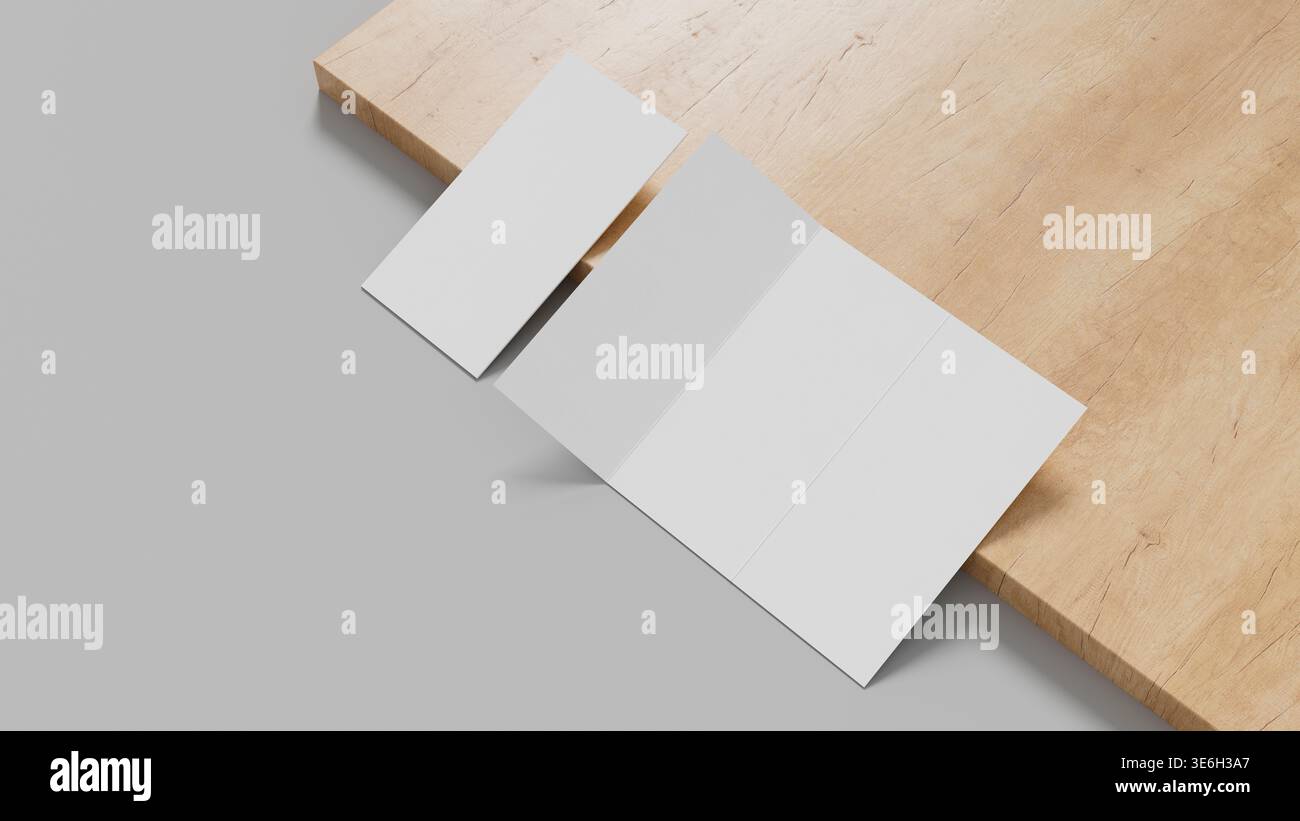 Simple maquette de brochure à trois plis sur fond de bois avec une composition minimale idéale pour la mise en page d'impression de présentation de marque et les visuels marketing. 3D ill Banque D'Images