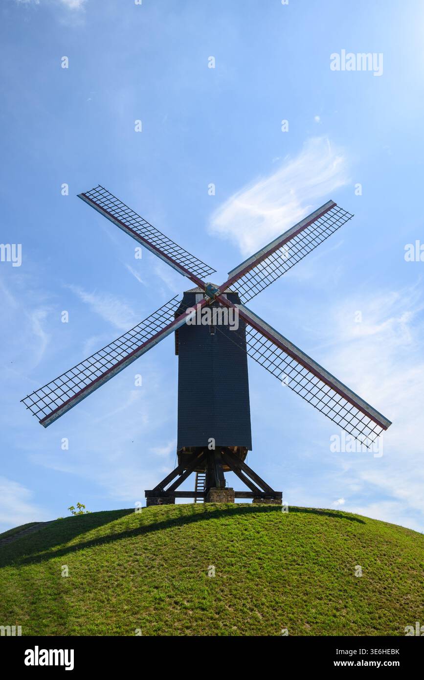 Moulin à vent traditionnel en bois avec quatre voiles en treillis sur une colline herbeuse sous un ciel bleu vif, vue à faible angle avec espace de copie, paysage du patrimoine rural et Banque D'Images