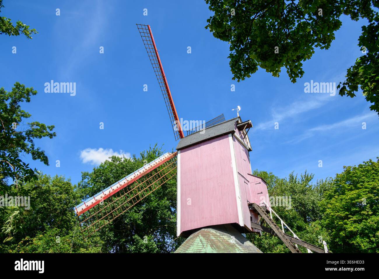 Vue en bas angle d'un moulin à vent traditionnel rose avec des lames rouges et blanches sur le ciel bleu, entouré d'arbres verts ; scène de campagne ensoleillée en été. Banque D'Images