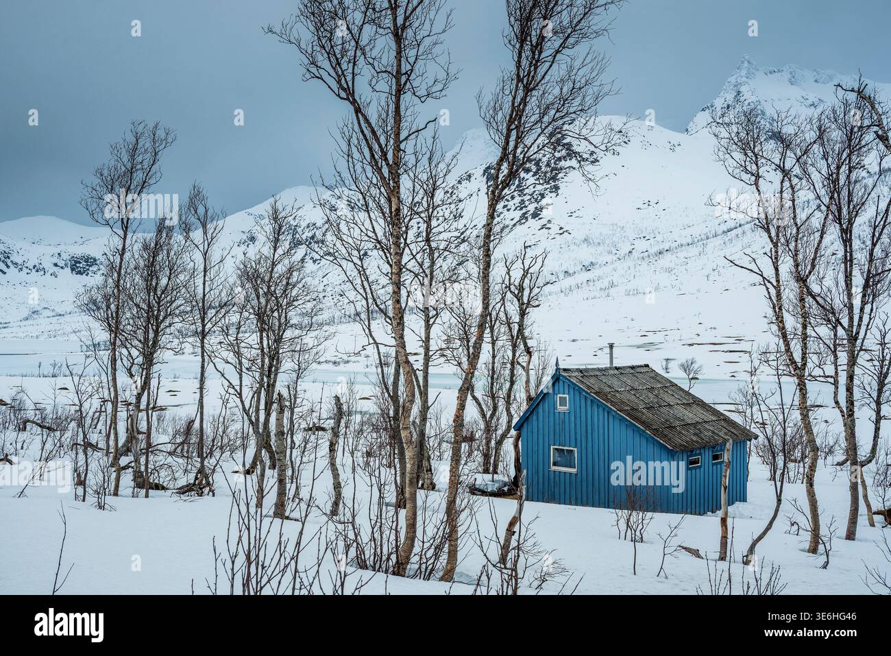 Cabane en bois dans le paysage enneigé, Kattfjordvatnet, Troms, Norvège Banque D'Images