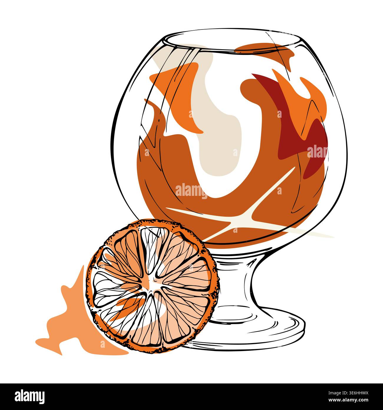 Aperol Spritz, spiritueux ambrés comme le bourbon, le whisky ou le rhum dans un verre de ballon vecteur avec une tranche d'orange. Ligne d'encre dessinée à la main. Nuances dégradées lumineuses, nettes Illustration de Vecteur