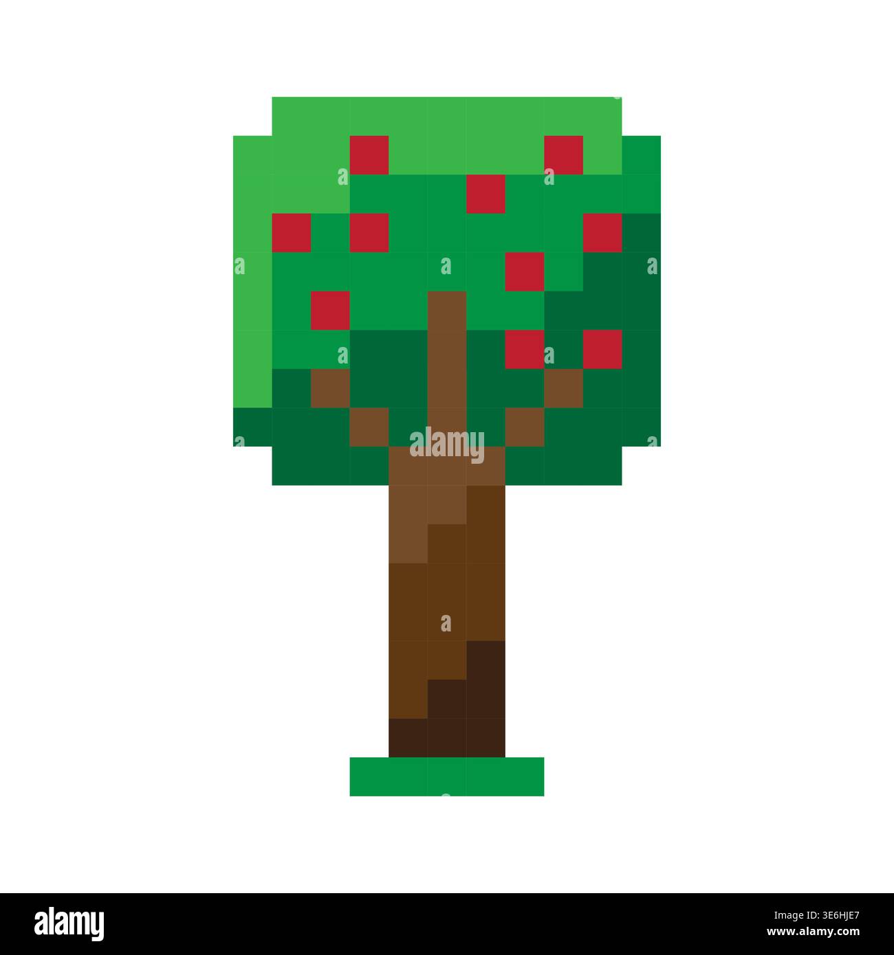 Pommier pixel. Vecteur de feuillage vert. Symbole de tronc marron. Motif fruits rouges. Vecteur manuel uniquement. Aucun tracé automatique utilisé. SPE 10. Illustration de Vecteur