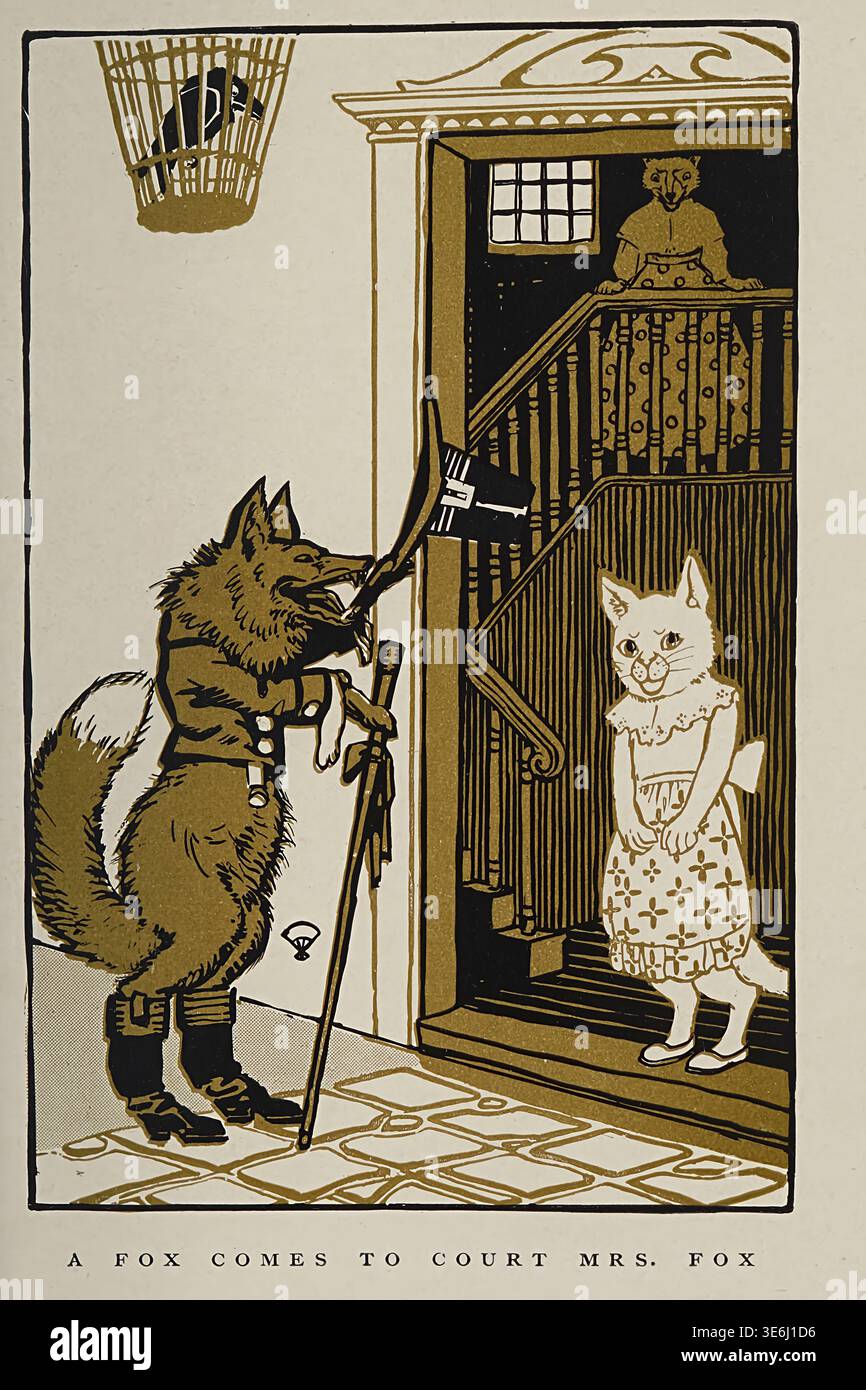 Renard anthropomorphe dans les tribunaux d'uniforme militaire une dame de chat dans un tablier à une porte de maison, scène de conte de fées vintage. Illustré par Frank A. Nankivell à partir d'Un livre de renards de conte de fées ; sélections de récits folkloriques préférés édités par Clifton Johnson, 1914 Banque D'Images