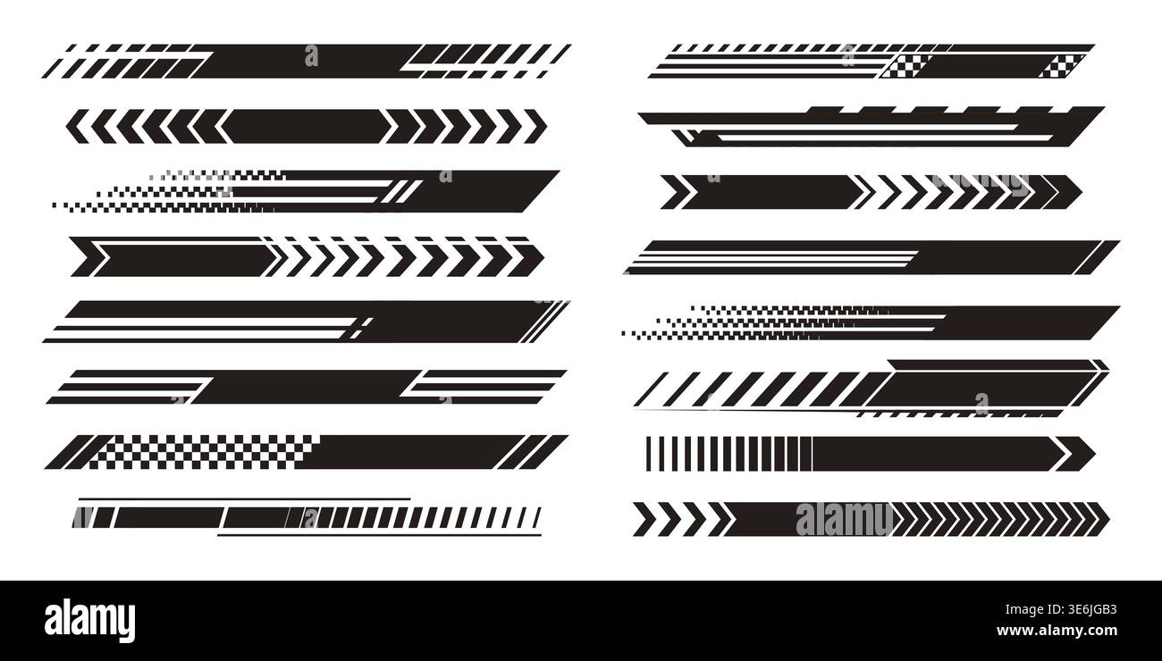 Ensemble de rayures de course noires sur fond blanc. Illustration vectorielle de flèches audacieuses, d'éléments de drapeau à damier et de lignes pour les graphiques de voiture de course ou de sport automobile, conceptions de modèle de vitesse rapide, bannière sportive Illustration de Vecteur