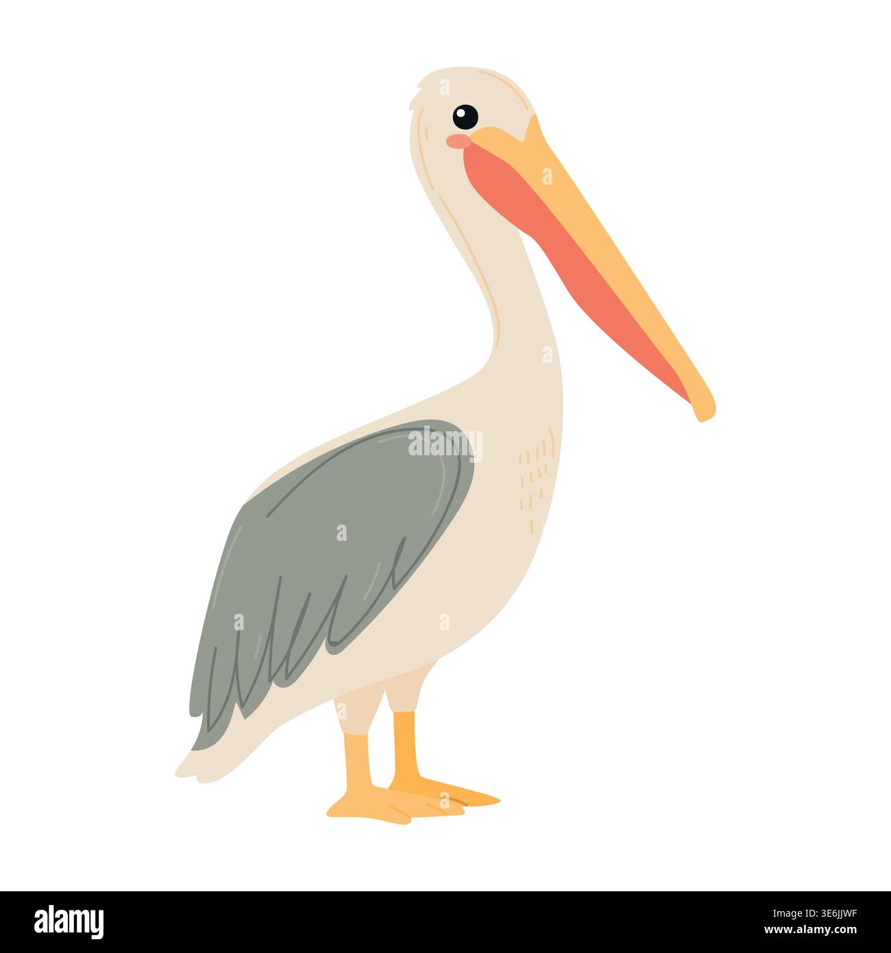 Illustration de dessin animé d'un pélican debout avec un long bec orange, des ailes grises et un corps blanc, placé sur un fond blanc Uni Illustration de Vecteur