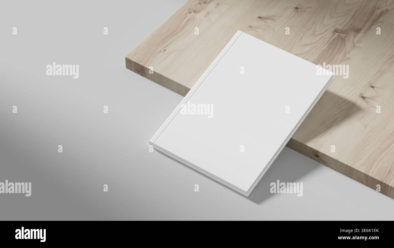 Maquette de livre à couverture rigide sur fond de bois clair avec un design épuré, des ombres subtiles et un espace négatif créatif, idéal pour le design, l'éditorial et le son Banque D'Images
