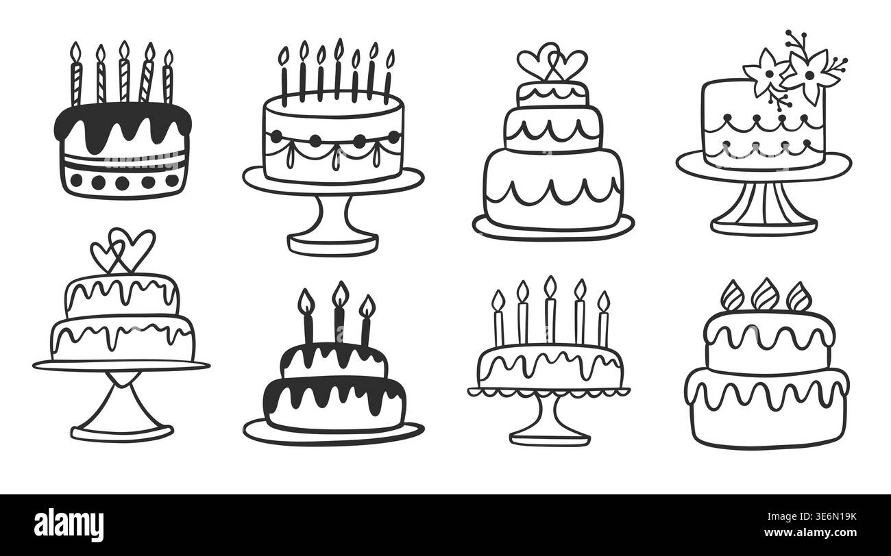 Ensemble d'icônes de doodle vecteur de gâteaux d'anniversaire et de mariage Illustration de Vecteur